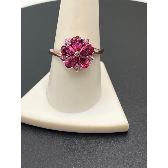 Vermeil Rose Gold Sterling Silver Pink Topaz Red Ruby Cluster Flower Ring Sz 9.5 - Picture 2 of 8